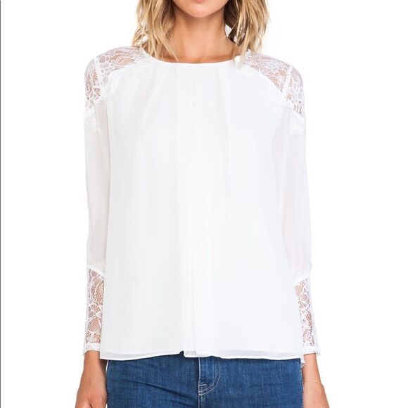 ALICE + OLIVIA Ivory Danyelle Lace Detail Bateau Neckline Sleeve Silk Blouse - Picture 11 of 11